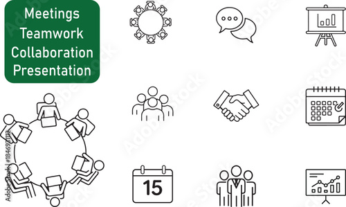 Outline Icon Set for Business Meetings, Teamwork, Collaboration, and Presentation