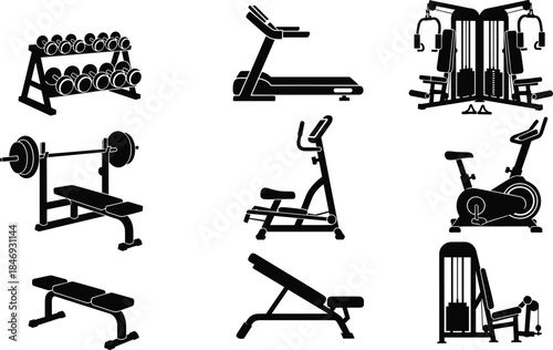 gym, equipment, fitness, workout, silhouette, icon, dumbbells, treadmill, bike, bench, leg, press, black, white, illustration, vector, design, symbol, training, exercise