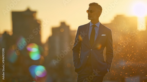 Mature businessman in tailored navy suit standing confidently at golden hour with city skyscrapers and bokeh lights in background