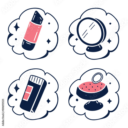 Hand Drawn Beauty and Cosmetic Vector Icon Set with Lipstick Mirror and Makeup Tool