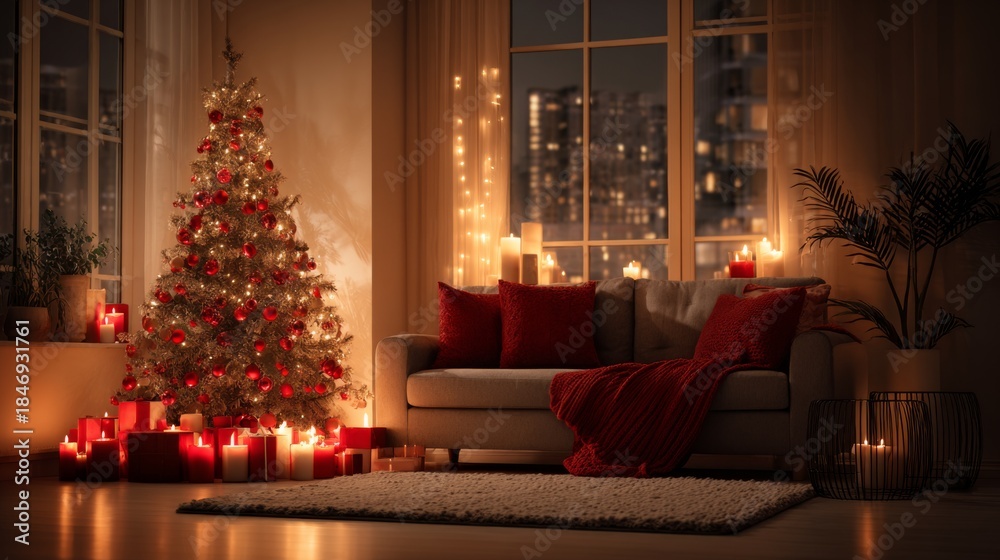 Obraz premium Cozy Christmas living room with glowing candles, warm lights and decorated holiday tree at night