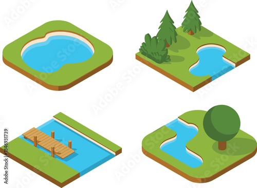 Isometric landscape tiles with water ponds rivers trees and bridge for nature map design flat vector illustration se
