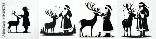 vector silhouette of santa claus with his beloved reindeer