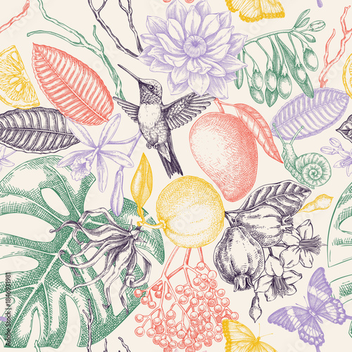 Tropical flowers pattern. Summer fruits, palm leaves hand drawn vector illustration. Exotic birds seamless background. Not AI generated 