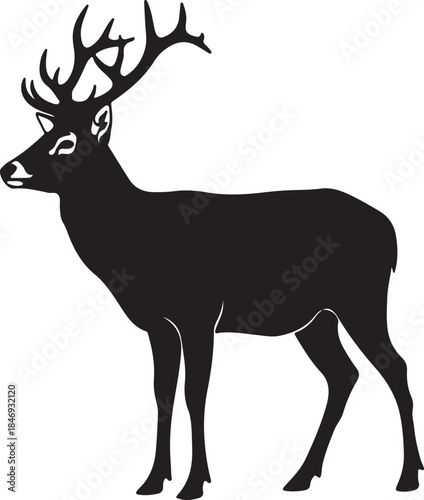 Black silhouette of a deer with large antlers on a white background