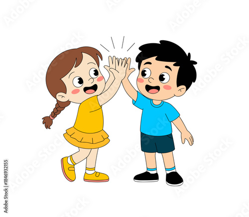 High Five with Delight: Two cheerful young kids celebrate a moment of shared joy, their hands meeting in a triumphant high-five, showcasing the essence of friendship and excitement.