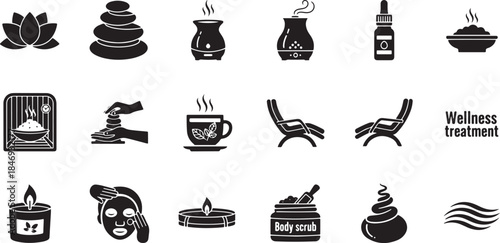 Collection of Wellness and Spa Icons Including Aromatherapy, Essential Oils, Massage, Facials, and Relaxation Treatment Symbols