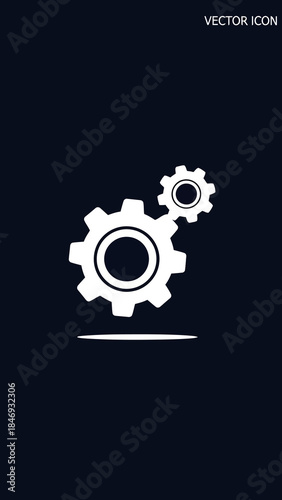 White vector icon depicting two interlocking gears of different sizes symbolizing mechanism operation settings configuration processes and technological collaboration isolated on dark background