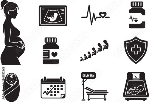 Set of Pregnancy, Maternity, and Baby Icons in Black Silhouette Style Including Fetus Ultrasound, Delivery, and Healthcare Symbols