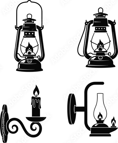 Vintage lighting icons set featuring kerosene lanterns, candle holder, oil lamp in black and white for historical illumination themes