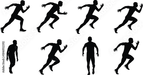 Male silhouette running in dynamic poses, black vector illustration for sports, motion study, athletics, sprint, exercise, training, fitness