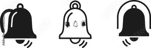Stylized bell icons set with sound waves, notification symbols, and unique shapes for UI, alert, and digital interface design.