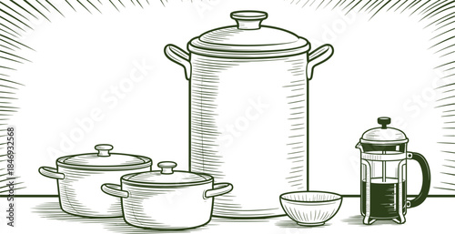 Vintage hand drawn illustration of kitchen pots tall stockpot bowls and French press coffee maker in detailed black and white sketch style