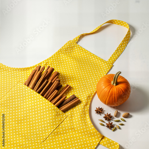 Wallpaper Mural "Yellow Polka-Dot Apron with Front Pockets Filled with Cinnamon Sticks Beside Pumpkin — Autumn Baking and Cozy Kitchen Essentials" Torontodigital.ca