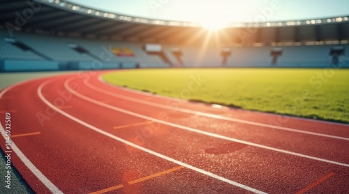 A close-up view of the red running track inside a large stadium at sunrise or sunset