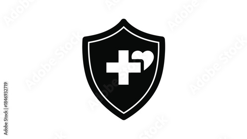 Black shield icon featuring a white medical cross and heart symbol