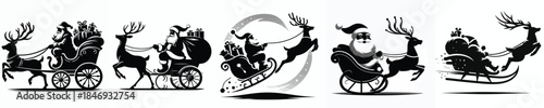 vector silhouette of santa claus with reindeer sleigh distributing christmas gifts