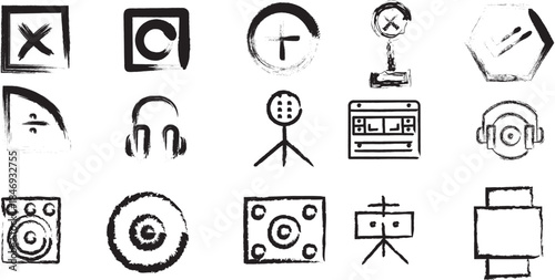 Grunge Hand-Drawn Audio Technology Icons Set: Music Production, Interface, and Multimedia ElementsGrunge Hand-Drawn Audio Technology Icons Set: Music Production, Interface, and Multimedia Elements