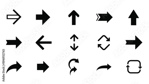 Collection of black arrow icons depicting various directions and movements