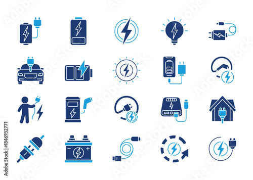 Charging thin solid icon set. Containing battery, energy, electricity, charger, recharge, electric car, charged, power