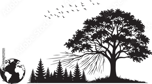 Nature Silhouette with Tree and Globe