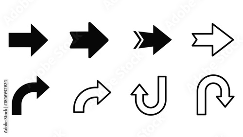 Collection of diverse arrow and curved line icons in black and white