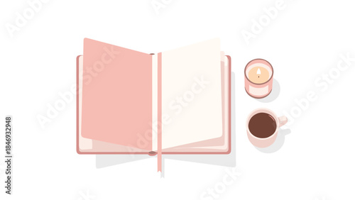 Cozy flat lay featuring an open notebook, a lit candle, and a warm beverage for a relaxing and productive atmosphere.