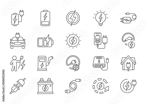 Charging thin line icon set. Containing battery, energy, electricity, charger, recharge, electric car, charged, power