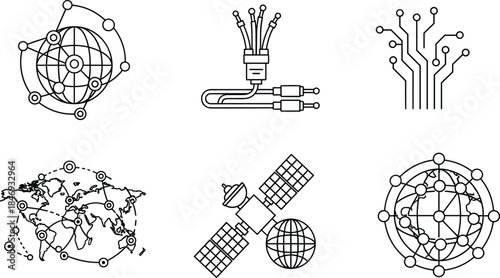Global communication technology icons set featuring satellite, fiber optics, circuit board, world map, and networking globe in black and white