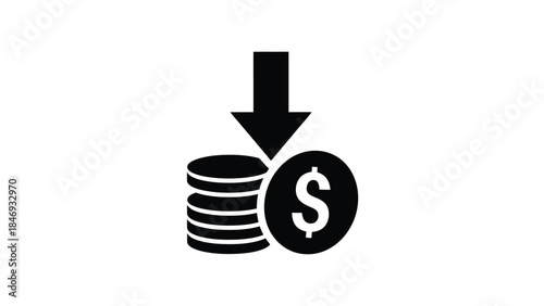 Downward arrow pointing to stacked coins with a dollar sign symbol