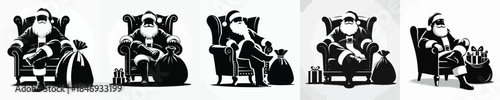 vector silhouette of santa claus sitting on a chair with a sack of christmas gifts