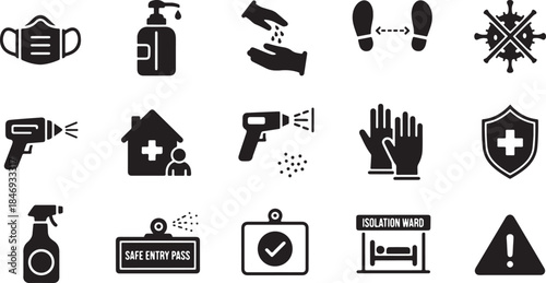 Detailed vector icons set featuring essential medical instruments, surgical tools, and diagnostic equipment, including stethoscope, reflex hammer, scalpel, scissors, thermometer, and surgical tray.