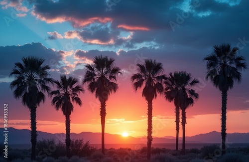 Palm trees stand in silhouette against a vibrant desert sunset sky. The sun dips below the horizon, casting warm orange and pink hues across the clouds. Distant mountains form a hazy outline.