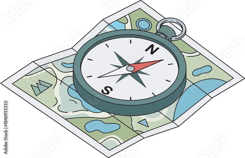 Isometric compass on a folded map. Essential vector for navigation, travel, hiking, and exploration themes. Perfect icon for adventure, direction, guidance, and geography concepts. High-quality.