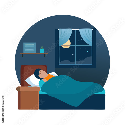 A peaceful bedtime scene with a person sleeping comfortably in a dark cozy room, moonlight through the window, rest and recovery concept.