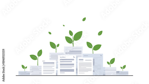 Stacks of documents symbolize growth and development as vibrant green plants sprout from the top, representing data-driven success.