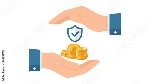 Protecting financial investments with a shield symbolizing security and a stack of gold coins representing wealth and savings.