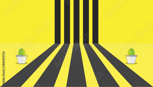 Forced perspective illustration showing yellow and black hazard stripes leading to a wall. Two symmetrical green cacti soften the graphic, controlled space.
