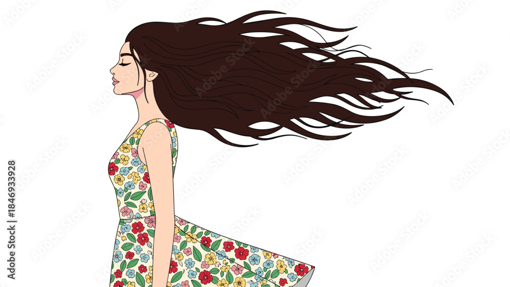 Naklejka premium Beautiful woman with long flowing hair enjoys a breezy day while wearing a vibrant floral summer dress.