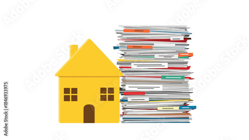 A simple yellow house stands beside a towering stack of colorful documents, symbolizing homeownership paperwork and financial burdens.
