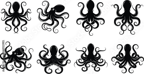 Octopus silhouette set, sea animal tentacles, marine creature shadows, underwater wildlife design, black ocean illustration collection