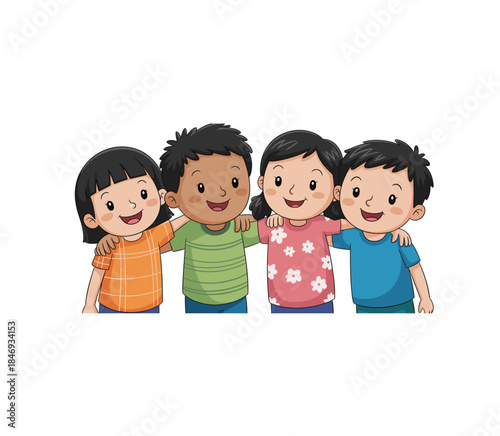 Joyful Harmony: A vibrant illustration showcasing four children embracing each other, radiating the essence of unity, friendship, and togetherness. A scene filled with happiness and innocent cheer.