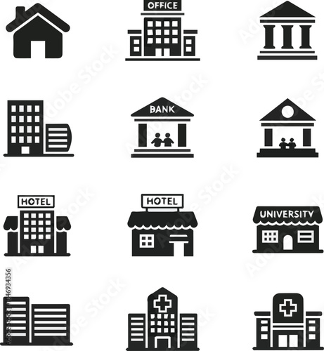 Gnerate a Real Estate icon set. Containing house, office, bank, school, hotel, shop, university and hospital icons. Solid icon collection. Vector illustration with white background
