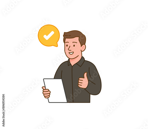 Approval and Confidence: An illustration depicting a confident individual holding a tablet, with a speech bubble indicating approval. It's a symbol of affirmation.