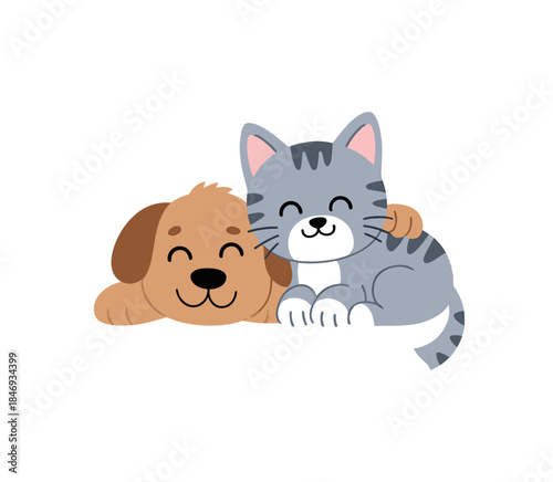 Heartwarming Companionship: An illustration depicting a cuddly canine and a charming feline snuggled together, embodying friendship and affection. 
