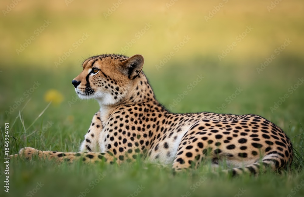 Fototapeta premium Cheetah rests on green grass field. Wild cat turns head left, looking attentively. Spotted feline waits calmly in savanna nature, close up profile view.