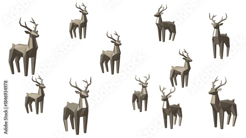 Low poly deer models are arranged in a pattern against a white background, showcasing a minimalist and geometric design aesthetic.