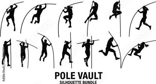 pole, vault, athlete, sport, silhouette, jump, motion, action, dynamic, black, white, icon, illustration, vector, design, symbol, competition, track, field, bundle