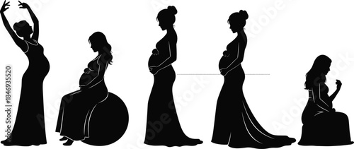Pregnant woman silhouette in diverse poses, black vector illustration for maternity, prenatal exercise, motherhood, beauty, life, art, health