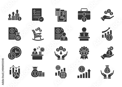 Income thin glyph icon set. Containing paycheck, accounting, work, payment, tax, pension, wages, employment, investment